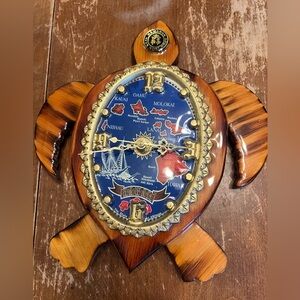 Vintage Hawaii Clock Kitschy Wood Turtle Wall ClockHanging Decor Travel Souvenir